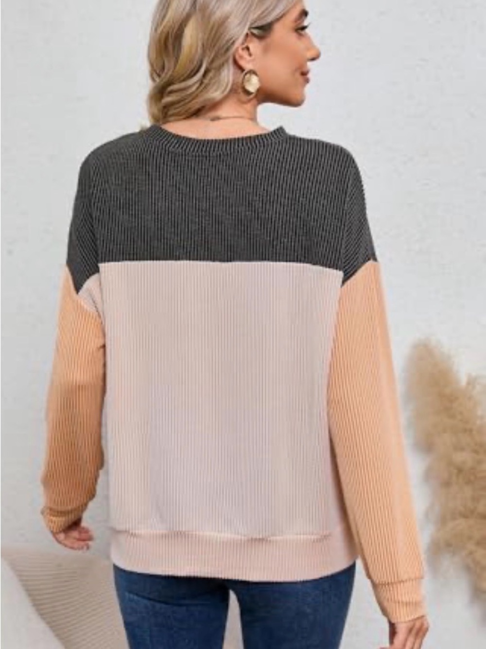 Color Block Crew-neck Long-sleeved Ribbed Color Contrast Loose Fit Tee Shirt - Picture 2 of 9